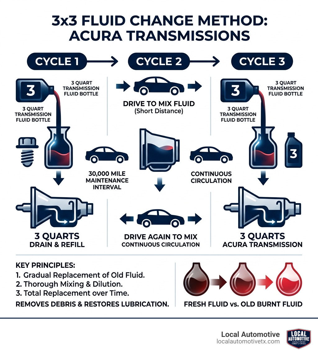 Graphic showing the 3x3 fluid change method for Acura transmissions - acura tl transmission replacement cost infographic 