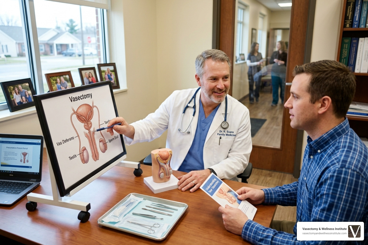 male doctor explaining a procedure with medical equipment - permanent method of birth control male doctor explaining a procedure with medical equipment - permanent method of birth control