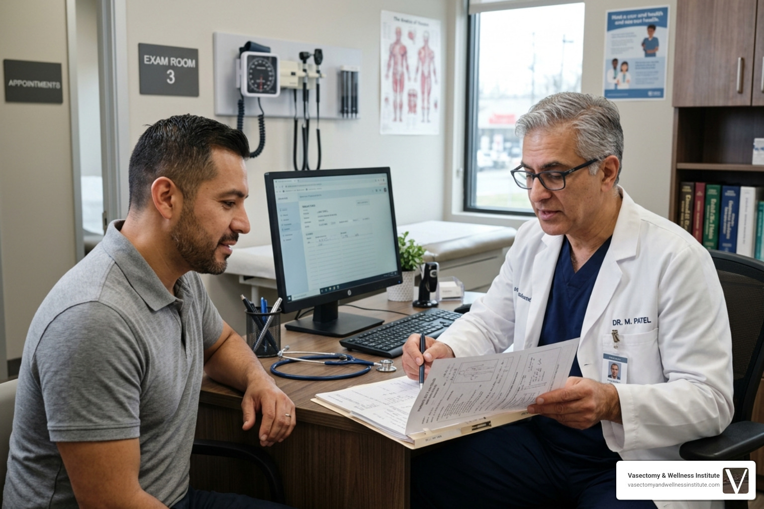 male patient reviewing a comparison chart with a male specialist - permanent method of birth control male patient reviewing a comparison chart with a male specialist - permanent method of birth control