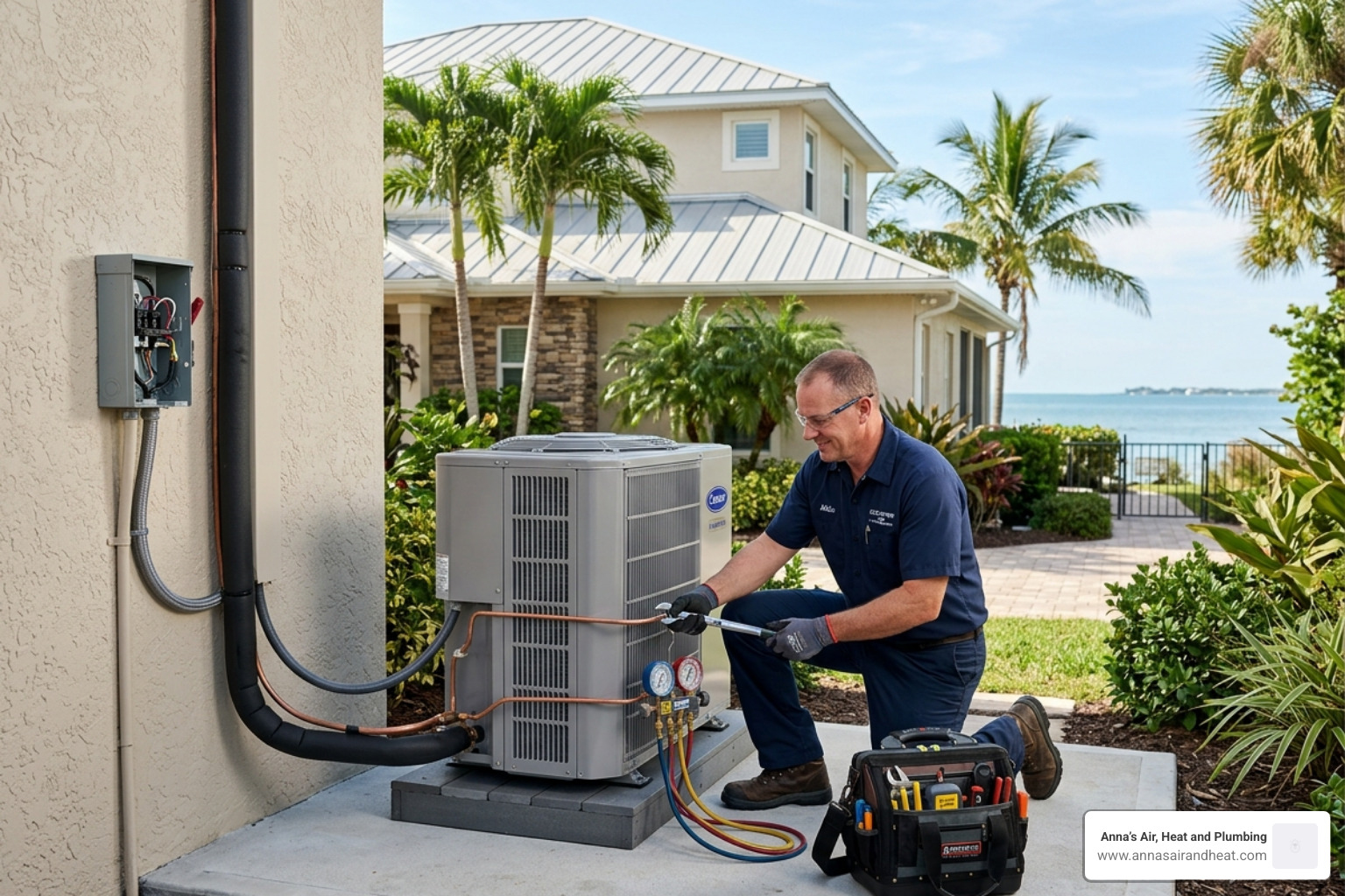 Professional HVAC technician installing a modern outdoor heat pump unit for a coastal Florida home - heat pump vs Professional HVAC technician installing a modern outdoor heat pump unit for a coastal Florida home - heat pump vs