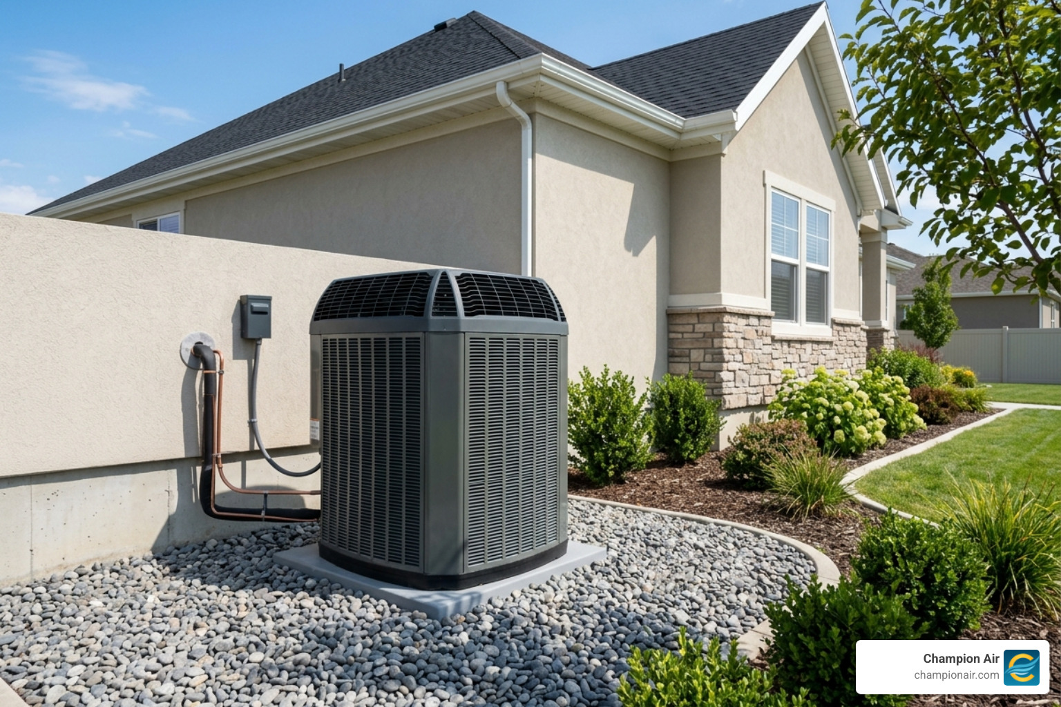 a high-efficiency AC unit installed on a clean gravel pad next to a modern home - how a new ac increases home value