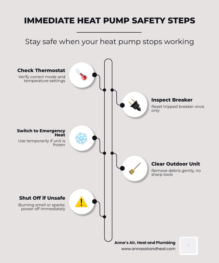 Infographic showing immediate heat pump safety steps when system stops working - how to stay safe when your heat pump stops