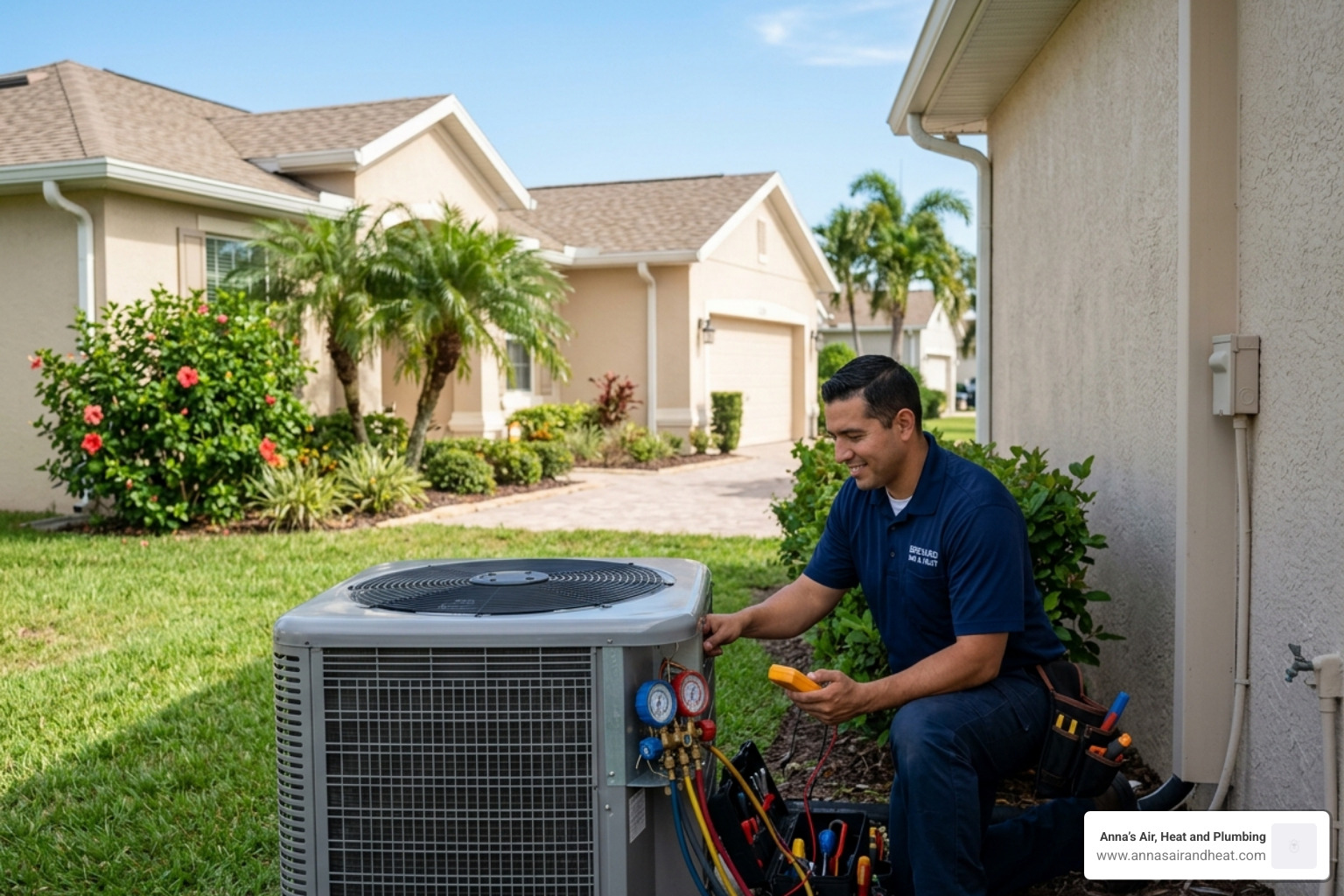 Professional HVAC technician inspecting an outdoor condenser unit in a sunny Florida backyard - ac tune up guide for space Professional HVAC technician inspecting an outdoor condenser unit in a sunny Florida backyard - ac tune up guide for space