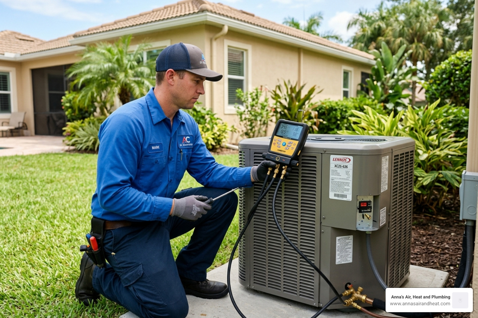 Digital manifold gauges connected to outdoor AC unit measuring refrigerant pressure - ac tune up checklist what your Digital manifold gauges connected to outdoor AC unit measuring refrigerant pressure - ac tune up checklist what your