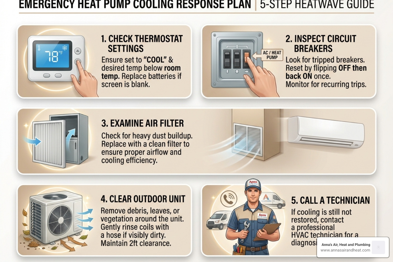 5-step emergency heat pump cooling response plan infographic for heatwave - what to do when your heat pump breaks during a 5-step emergency heat pump cooling response plan infographic for heatwave - what to do when your heat pump breaks during a