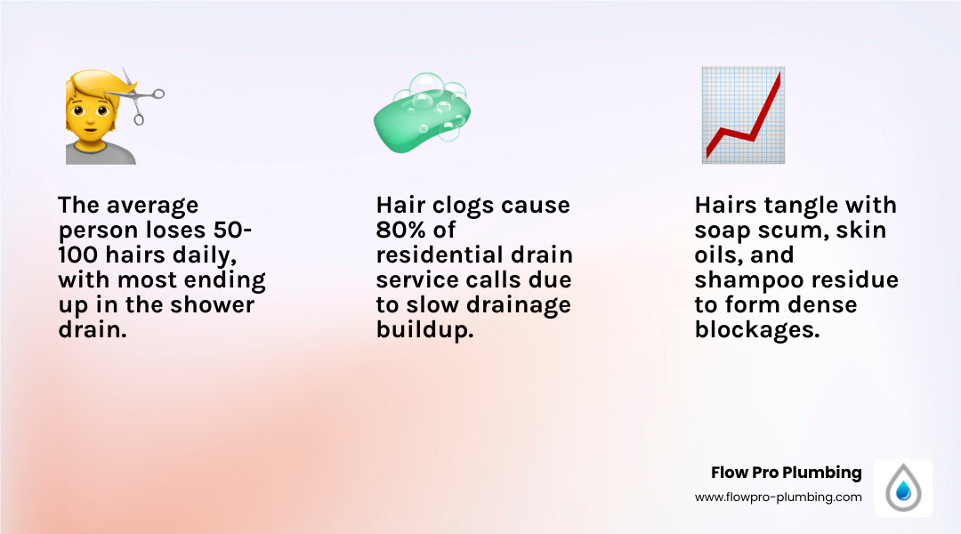 Infographic showing daily hair loss statistics and how hair accumulates in shower drains over time - how to prevent hair Infographic showing daily hair loss statistics and how hair accumulates in shower drains over time - how to prevent hair