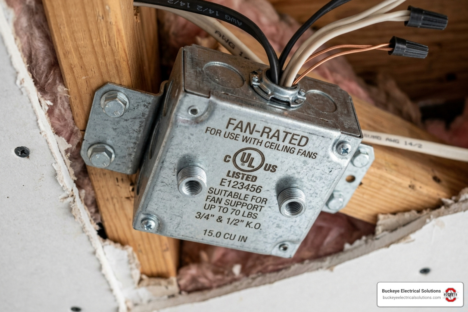 A metal fan-rated box clearly displaying UL-listed markings and heavy-duty construction - attaching ceiling fan to