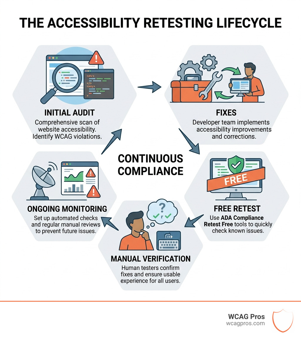 Infographic showing the accessibility retesting lifecycle: initial audit, fixes, free retest, manual verification, ongoing Infographic showing the accessibility retesting lifecycle: initial audit, fixes, free retest, manual verification, ongoing