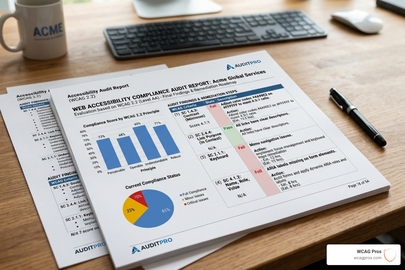A professional accessibility audit report showing detailed WCAG 2.2 compliance scores and remediation steps - ADA compliance A professional accessibility audit report showing detailed WCAG 2.2 compliance scores and remediation steps - ADA compliance