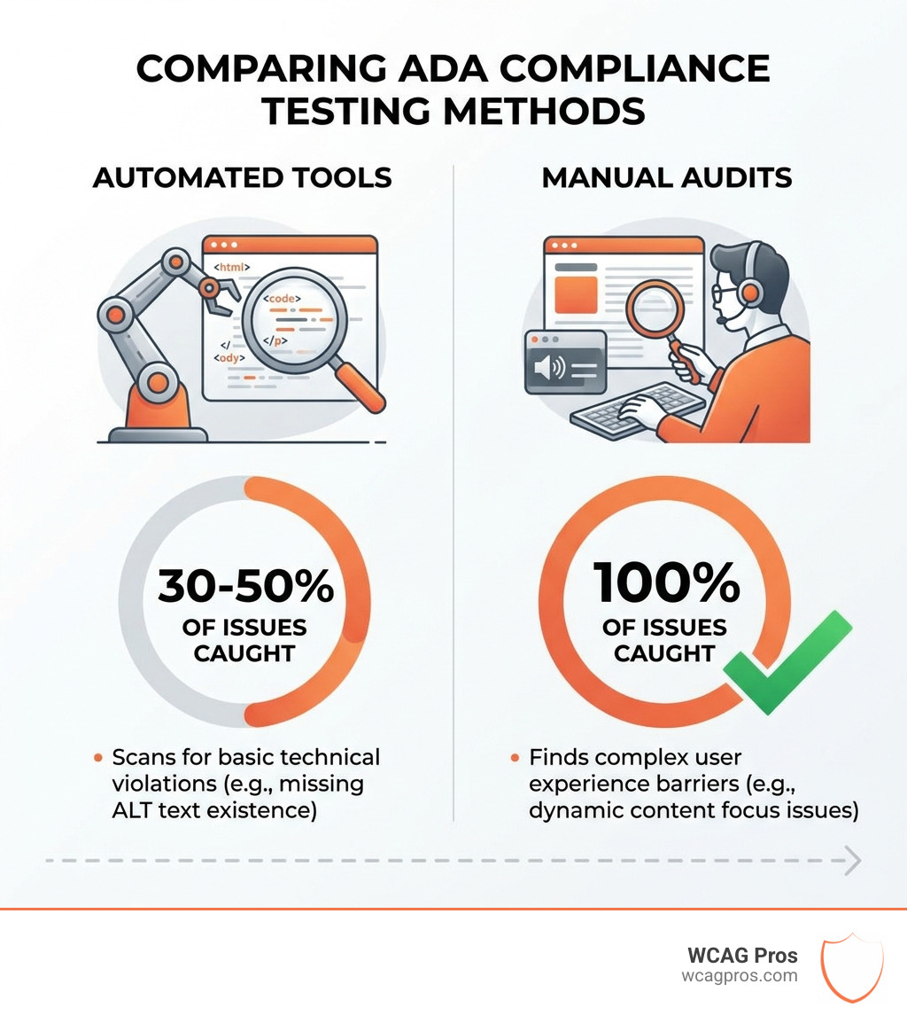 Infographic showing that automated tools only catch 30-50% of accessibility issues while manual audits catch 100% - ADA Infographic showing that automated tools only catch 30-50% of accessibility issues while manual audits catch 100% - ADA
