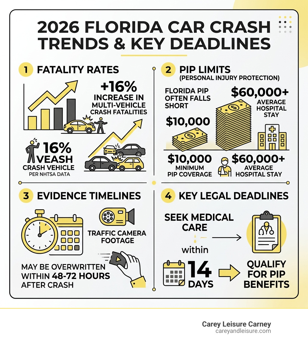 2026 Florida car crash trends infographic: fatality rates, PIP limits, evidence timelines, and key legal deadlines - car