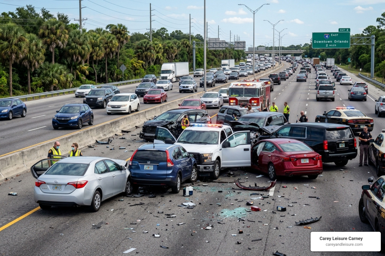 Multi-vehicle pile-up on a Florida highway illustrating the complexity of chain-reaction crashes - car crash news