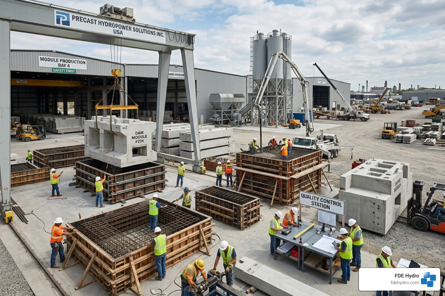 Off-site manufacturing facility producing concrete modules for hydropower projects - low-cost precast hydropower Off-site manufacturing facility producing concrete modules for hydropower projects - low-cost precast hydropower