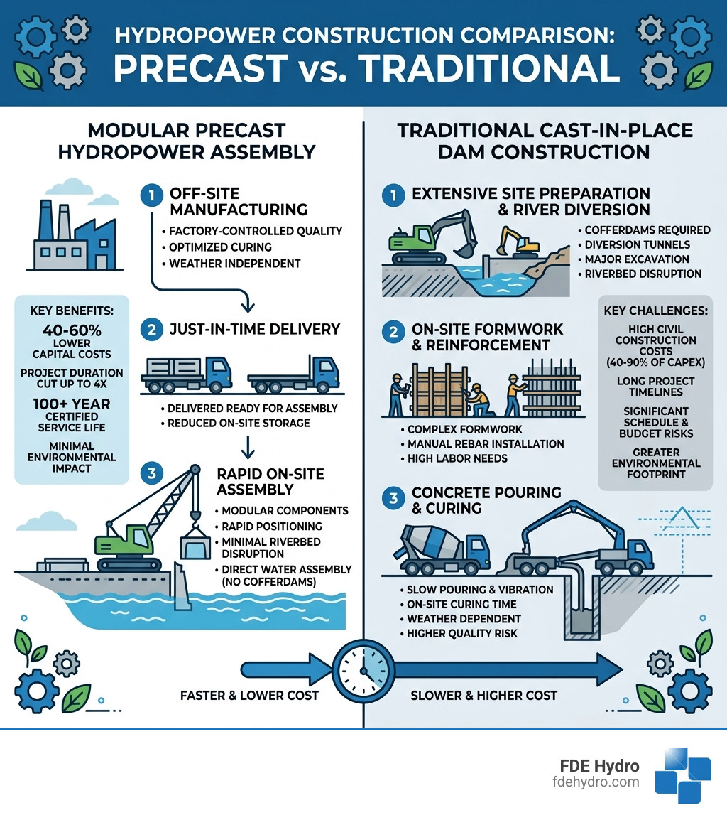 Infographic comparing modular precast hydropower assembly steps vs. traditional cast-in-place dam construction process Infographic comparing modular precast hydropower assembly steps vs. traditional cast-in-place dam construction process