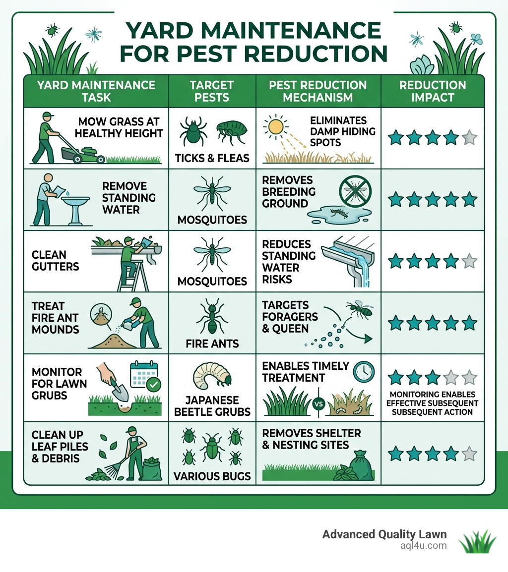 table comparing yard maintenance tasks and their impact on pest reduction - best way to kill bugs in yard infographic 