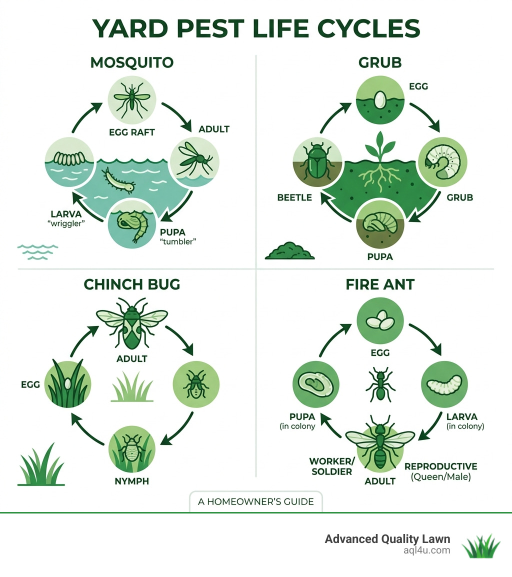 yard pest life cycle infographic showing mosquito, grub, chinch bug, and fire ant stages - best way to kill bugs in yard