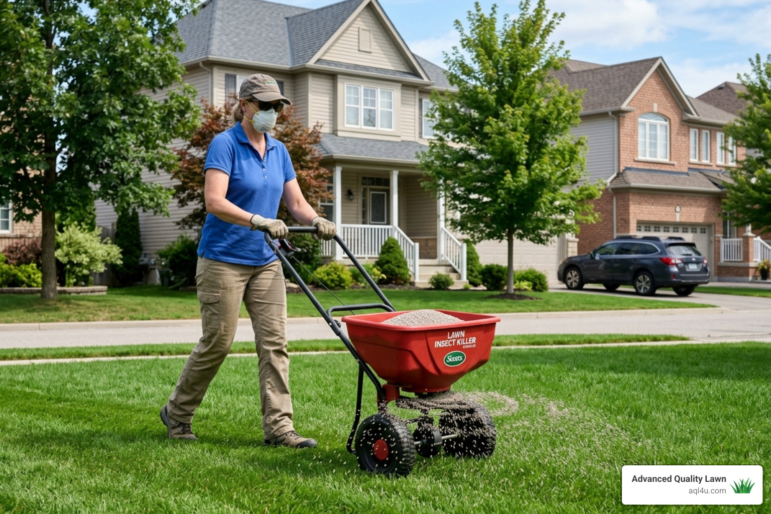 homeowner using a spreader to apply lawn granules - best way to kill bugs in yard