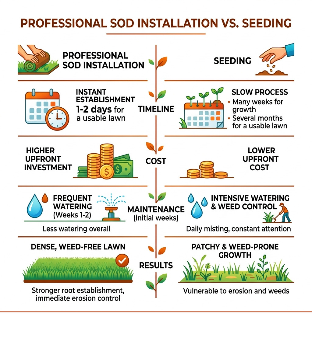 Infographic comparing professional sod installation vs seeding: timeline, cost, maintenance, and results - sod install Lutz