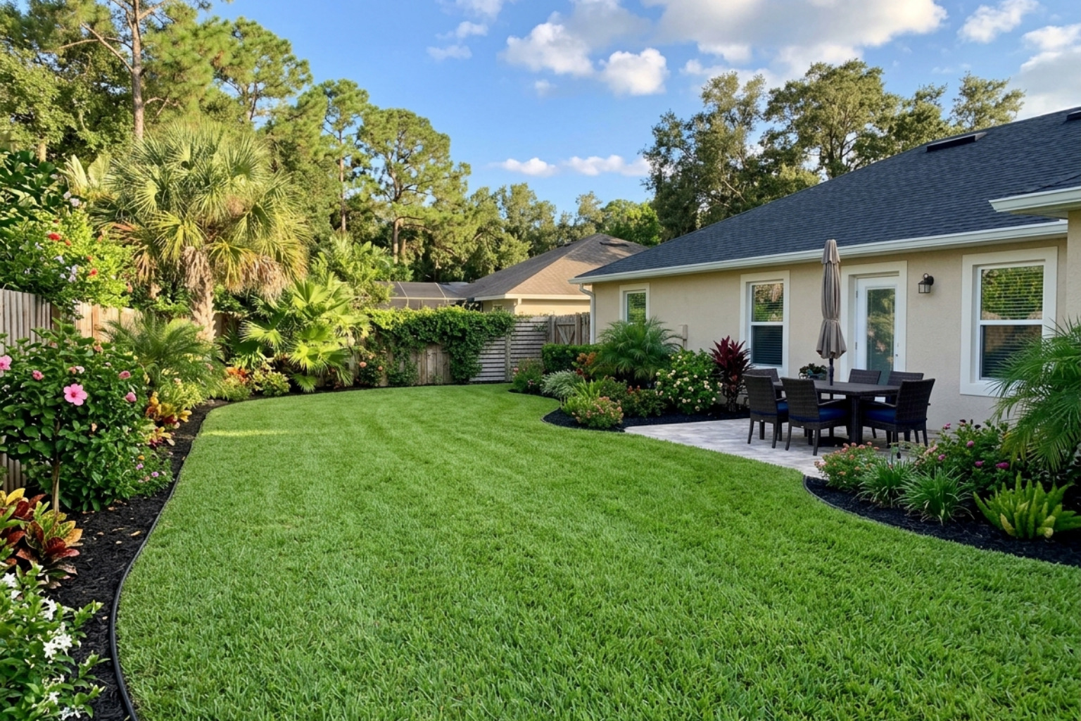 A finished residential backyard in Lutz with a vibrant green lawn, neatly edged borders, and healthy shrubs - sod install