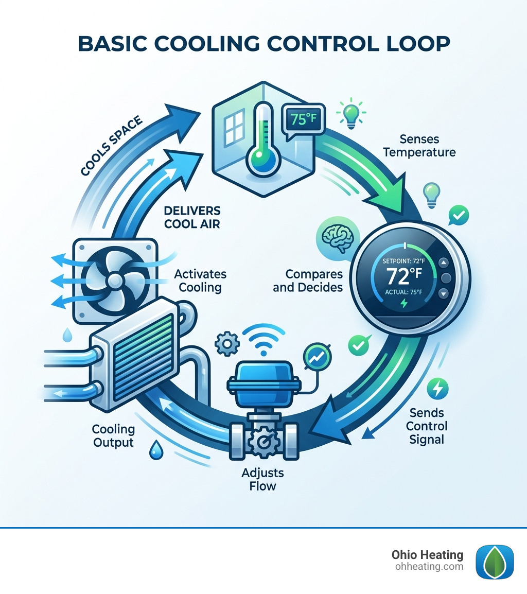 Diagram of a basic cooling control loop from sensor to thermostat to actuator to cooling output - control systems hvac