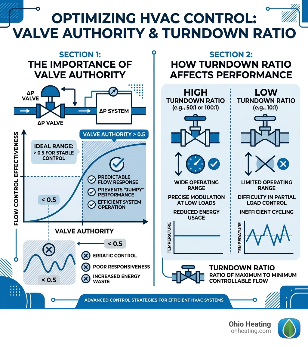 Infographic showing that Valve Authority should be above 0.5 for stable control and how turndown ratio affects performance