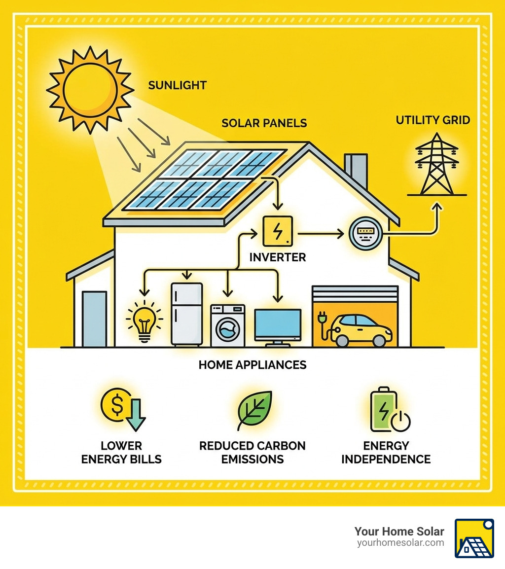 Infographic showing residential solar energy cycle from sunlight to home appliances and grid - residential solar rooftop Infographic showing residential solar energy cycle from sunlight to home appliances and grid - residential solar rooftop