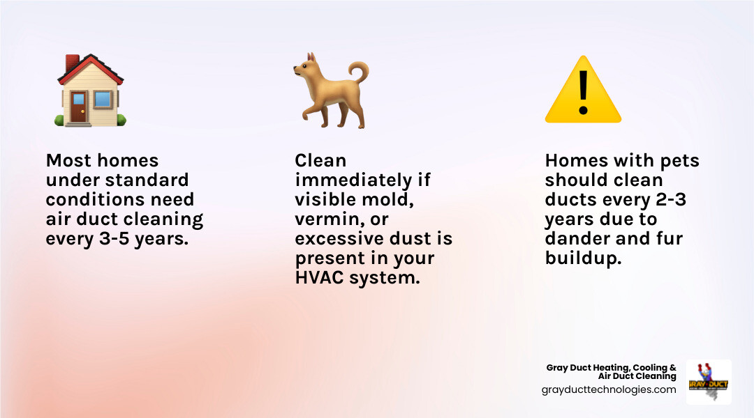 Infographic showing air duct cleaning frequency by household type, contaminant buildup cycle, and when to act - how often Infographic showing air duct cleaning frequency by household type, contaminant buildup cycle, and when to act - how often