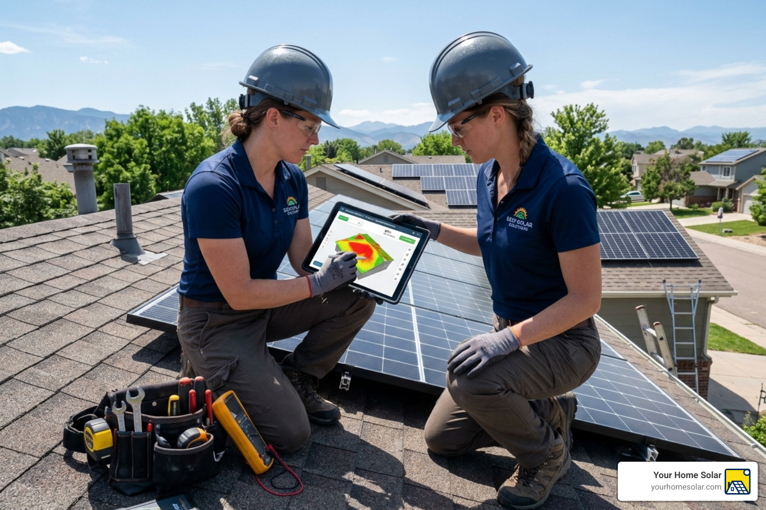 technician performing a solar site assessment with digital shading tools - residential solar rooftop technician performing a solar site assessment with digital shading tools - residential solar rooftop