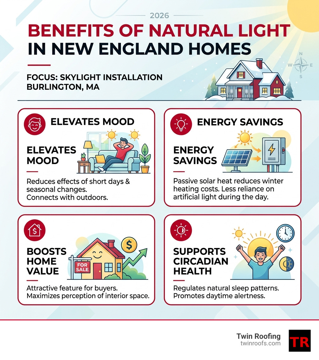 Infographic showing benefits of natural light in New England homes: mood, energy savings, home value, circadian health Infographic showing benefits of natural light in New England homes: mood, energy savings, home value, circadian health