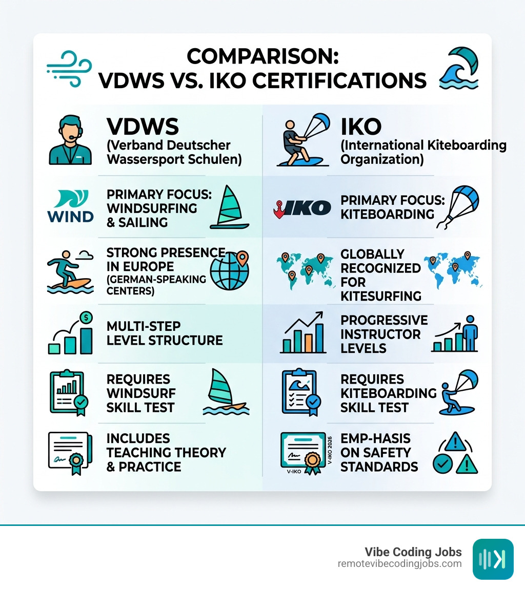 Comparison of VDWS vs. IKO certification requirements - remote windsurf instructor positions infographic 