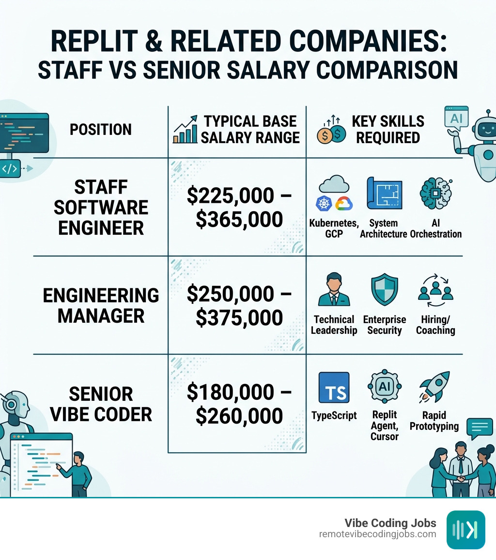 Table comparing salary ranges for Staff vs Senior roles at Replit and related companies - replit jobs async companies