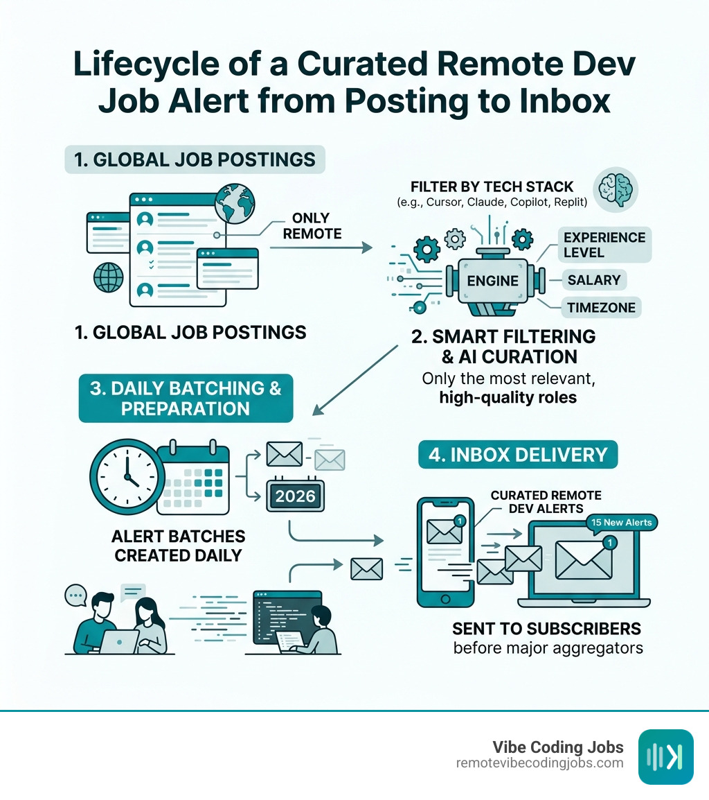 Lifecycle of a curated remote dev job alert from posting to inbox - daily remote dev alerts infographic Lifecycle of a curated remote dev job alert from posting to inbox - daily remote dev alerts infographic