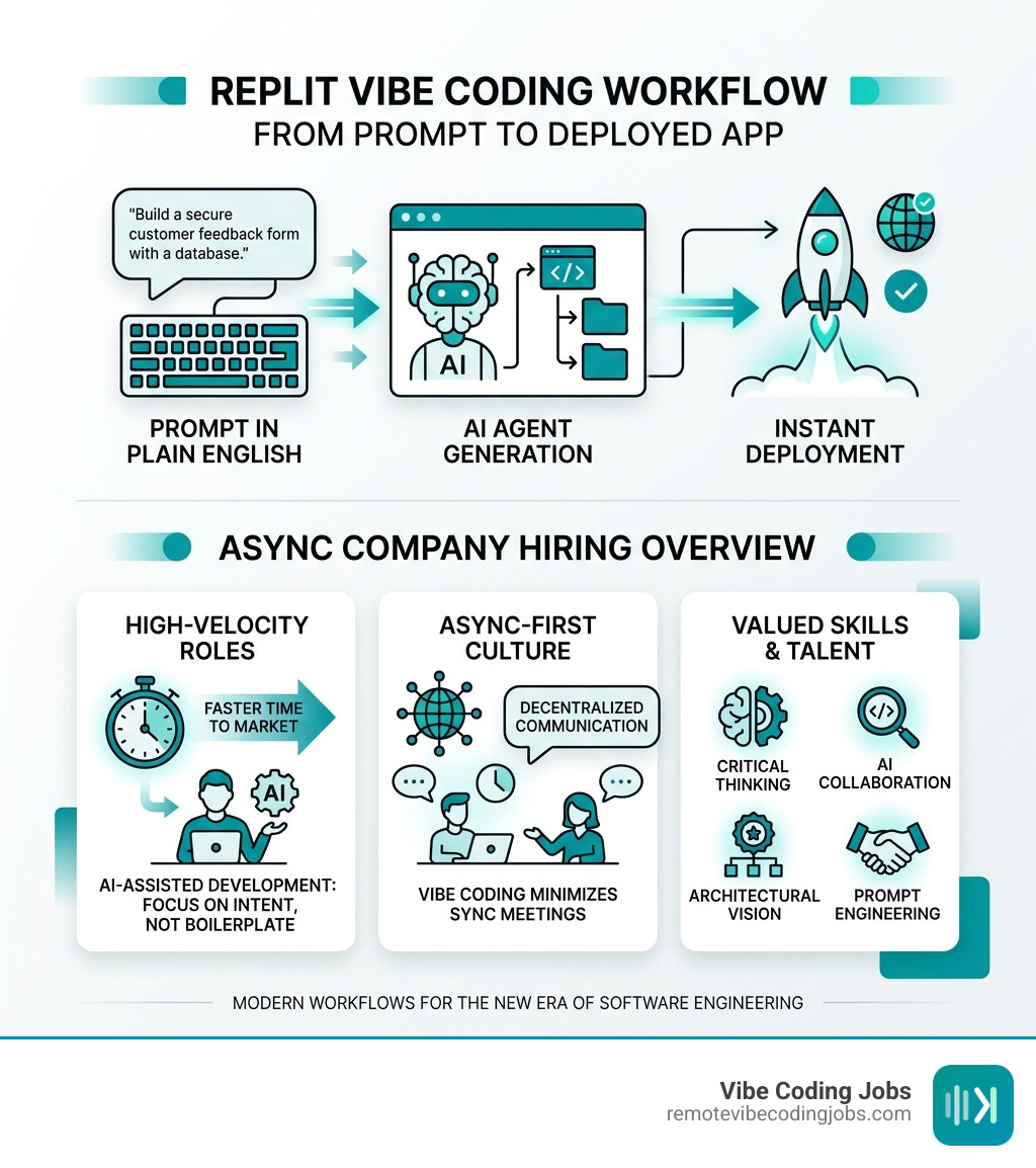 Infographic: Replit vibe coding workflow from prompt to deployed app, with async company hiring overview - replit jobs async