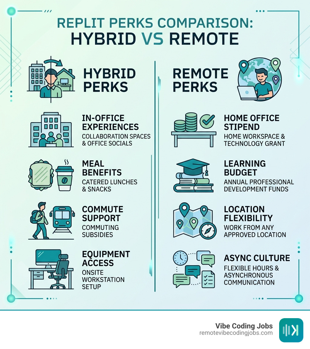 Infographic comparing hybrid vs remote perks at Replit - fully remote replit engineer infographic 