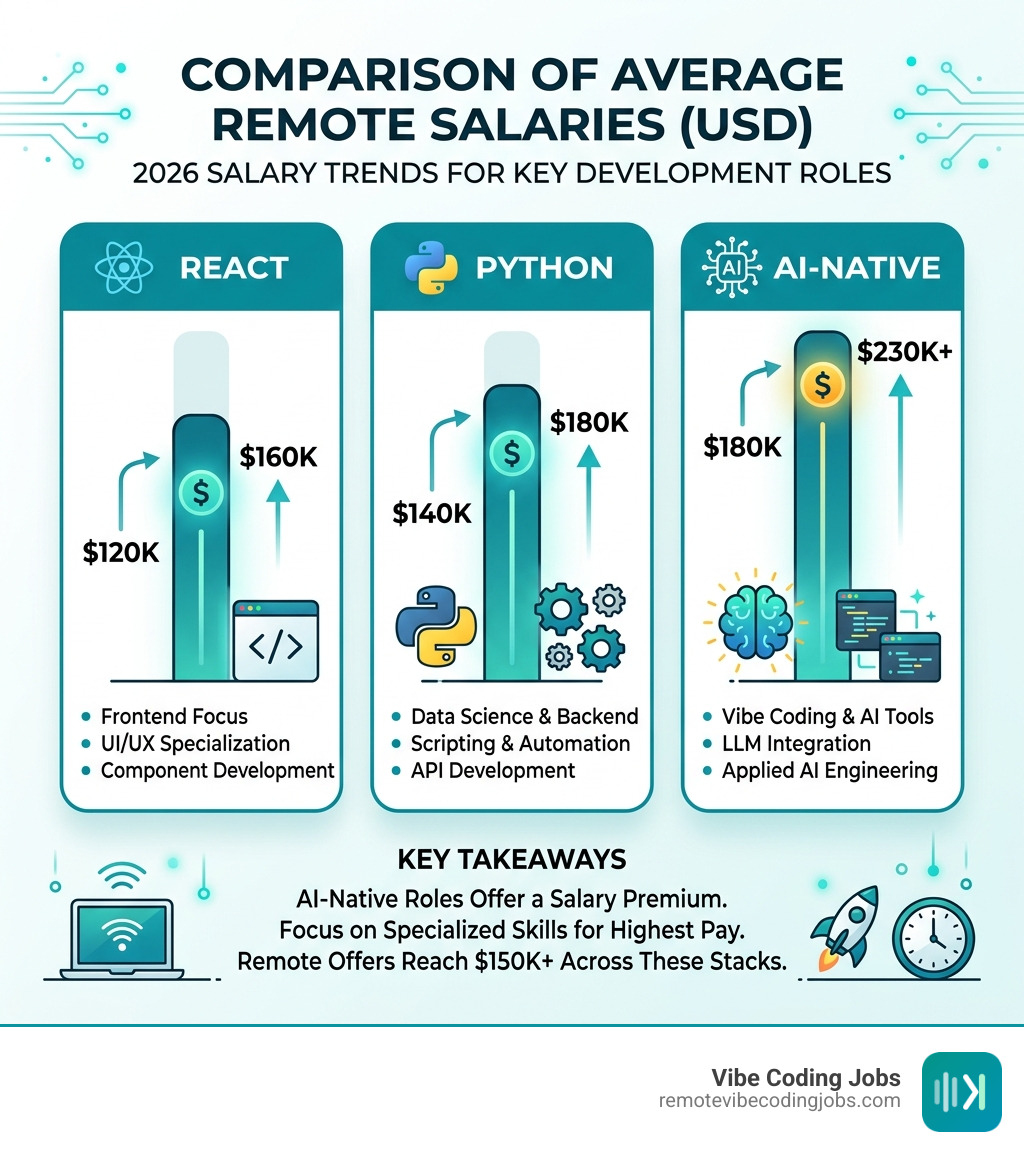 Comparison of average remote salaries for React, Python, and AI-Native roles - daily remote dev alerts infographic Comparison of average remote salaries for React, Python, and AI-Native roles - daily remote dev alerts infographic