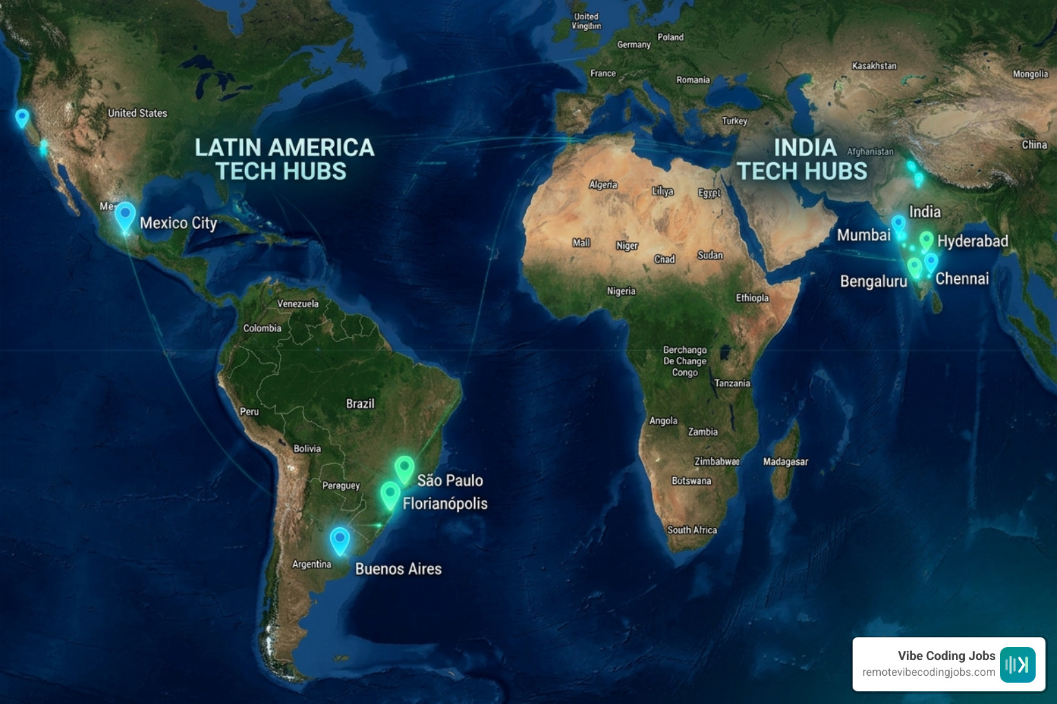 Global map highlighting remote tech hubs in LATAM and India - culture fit remote dev