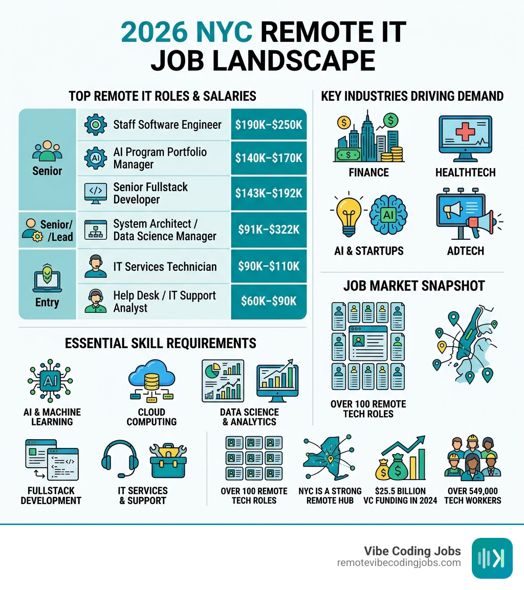 2026 NYC remote IT job landscape: roles, salaries, industries, and skill requirements - remote it jobs nyc infographic 