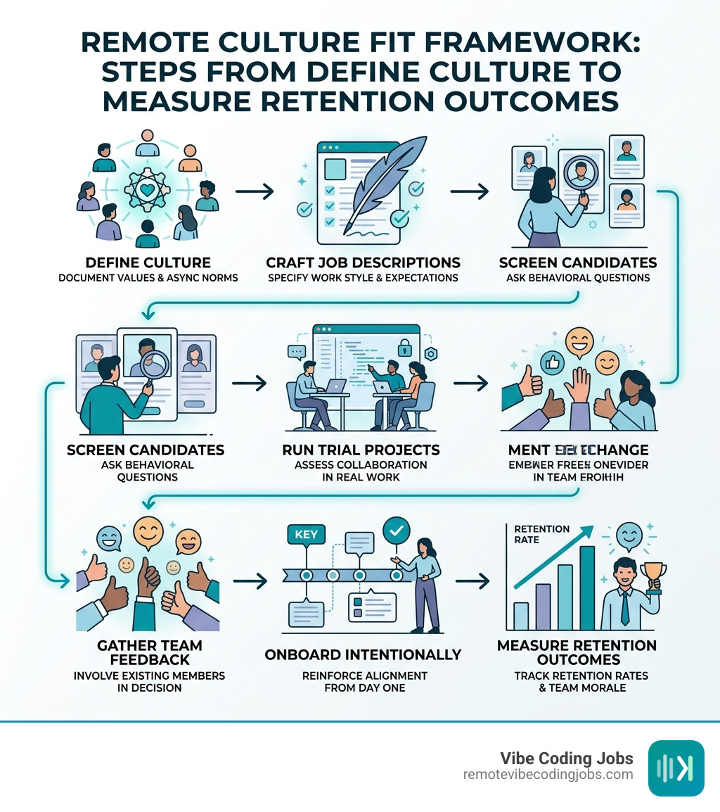 Remote Culture Fit Framework: steps from define culture to measure retention outcomes - culture fit remote dev infographic 