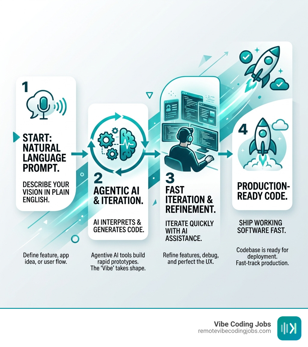 Vibe coding workflow infographic: from natural language prompt to production-ready code - remote vibe coding opportunities