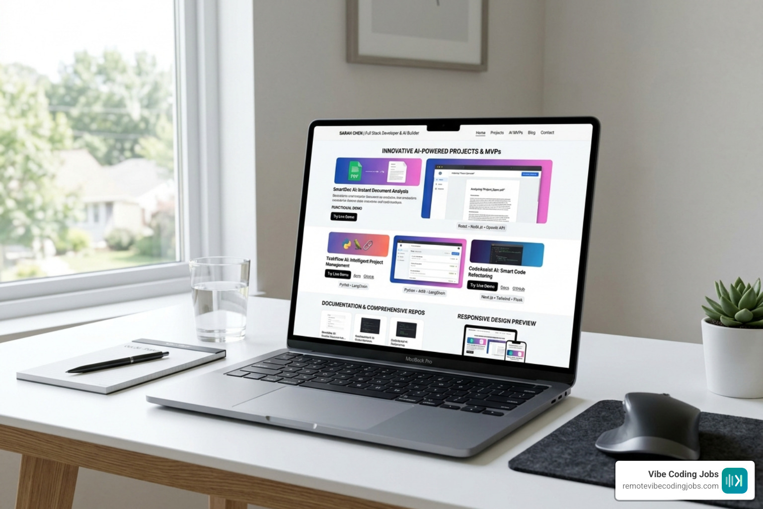 A modern developer portfolio website featuring functional AI-powered MVPs and clean documentation - remote vibe coding