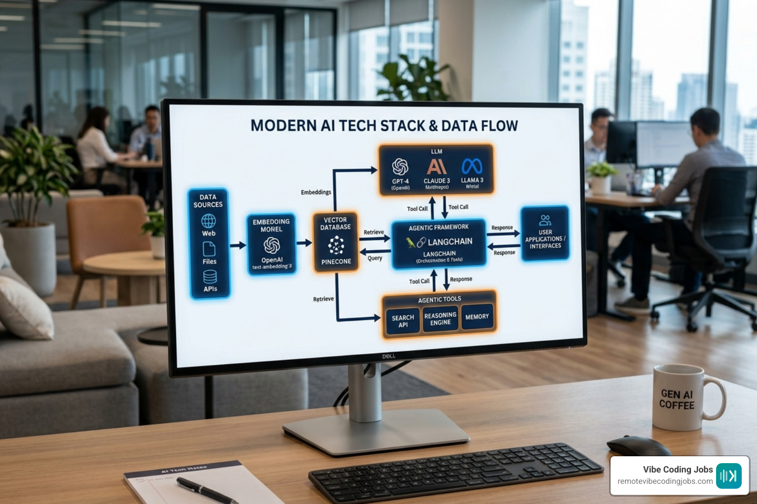 modern AI tech stack diagram including LLMs, vector databases, and agentic frameworks - ai tools developer jobs