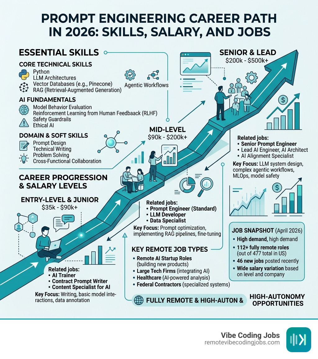 Prompt engineering career path infographic: skills, salary levels, and job types - remote prompt engineer jobs infographic 