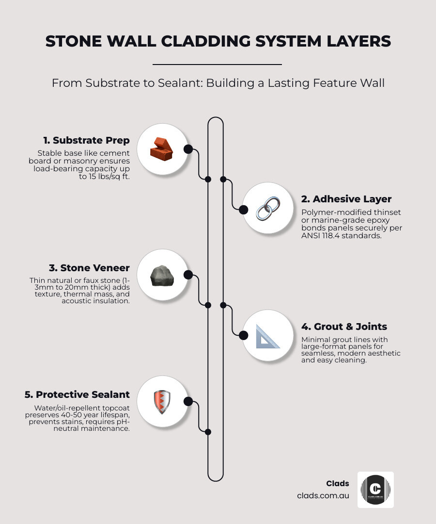 Infographic showing stone wall cladding system layers from substrate to sealant with benefits summary - stone wall cladding