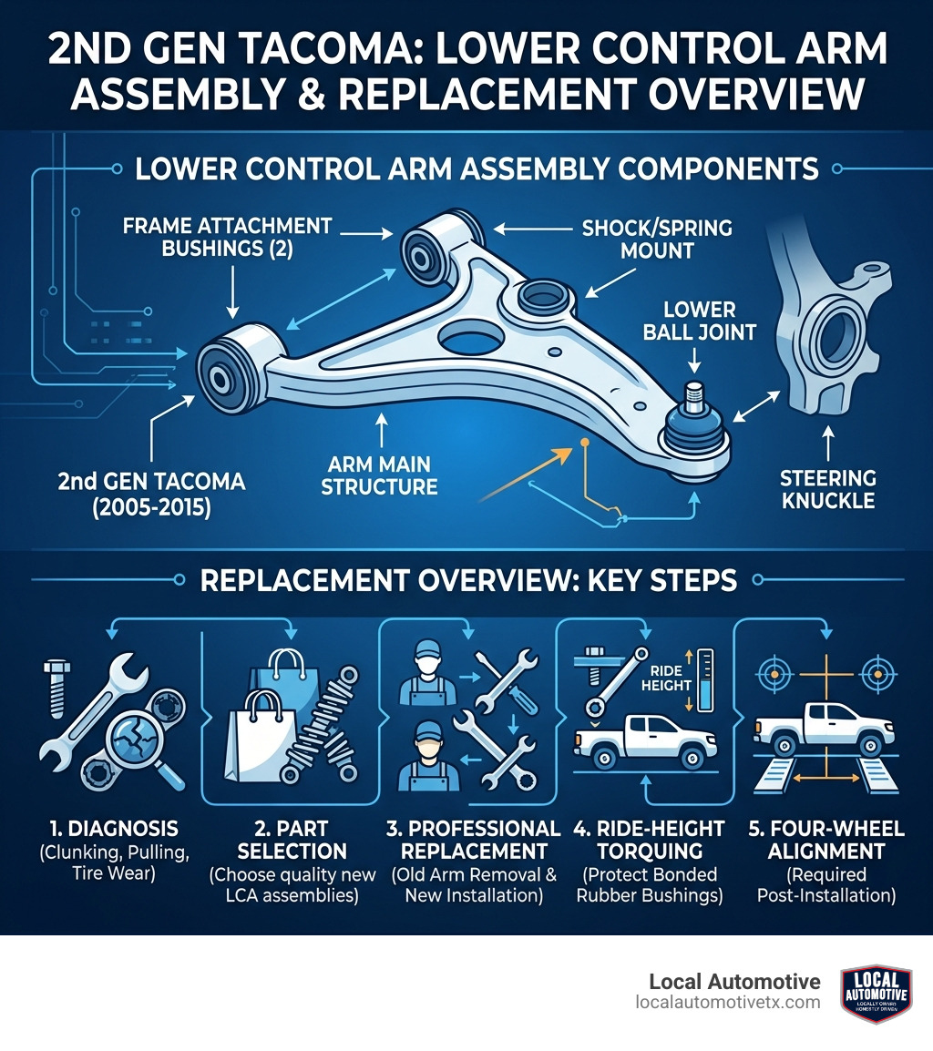 Infographic showing components of a 2nd gen Tacoma lower control arm assembly and replacement overview - 2nd gen tacoma Infographic showing components of a 2nd gen Tacoma lower control arm assembly and replacement overview - 2nd gen tacoma