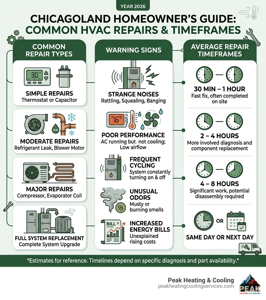 Infographic showing common HVAC repair types, warning signs, and average repair timeframes for Chicagoland homeowners - ac