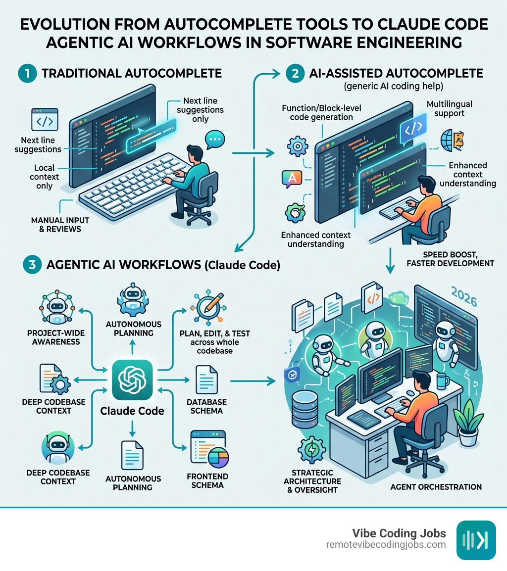 Infographic: Evolution from autocomplete tools to Claude Code agentic AI workflows in software engineering - claude ai Infographic: Evolution from autocomplete tools to Claude Code agentic AI workflows in software engineering - claude ai