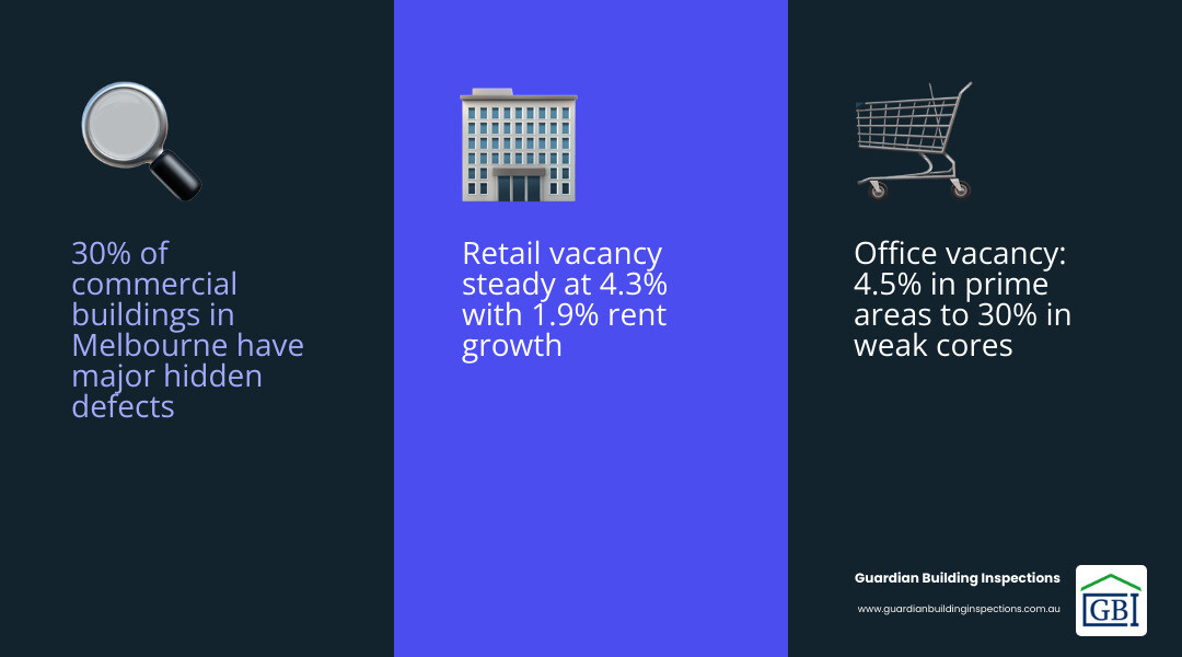 Infographic showing Melbourne commercial market stats: 30% defect rate, 4.3% retail vacancy - commercial property report