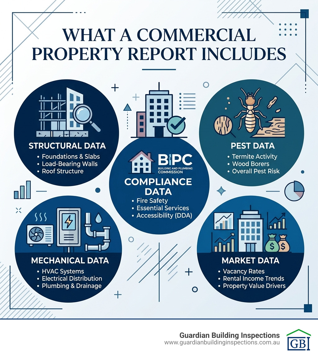 Infographic showing what a commercial property report includes: structural, compliance, pest, mechanical, and market data