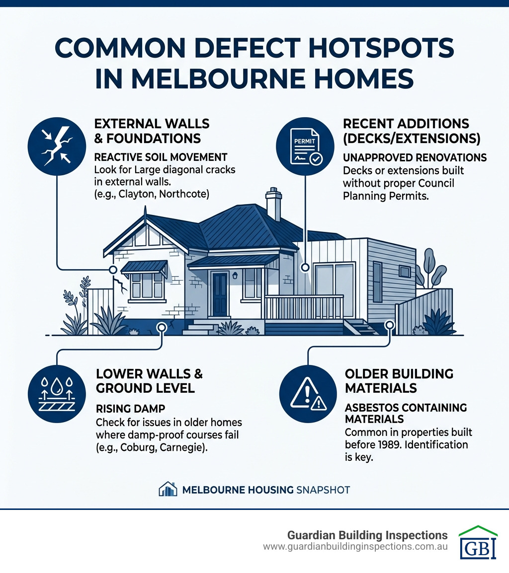 Infographic showing common defect hotspots in Melbourne homes - pre-auction building inspection melbourne infographic 