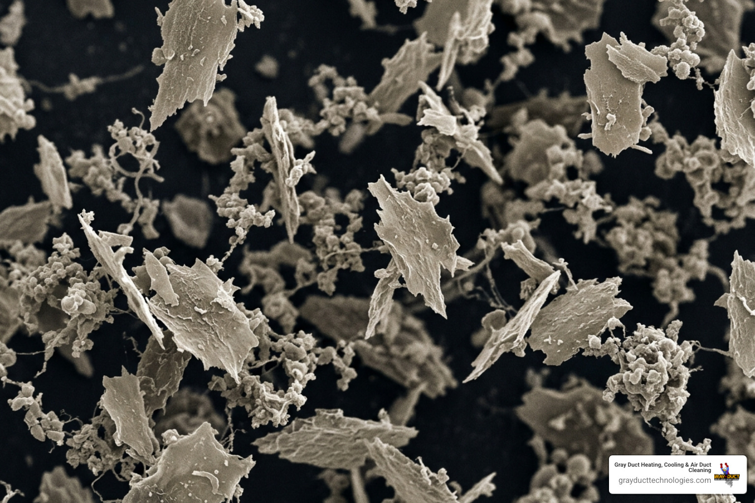 Microscopic view of pet dander particles showing jagged edges and skin proteins